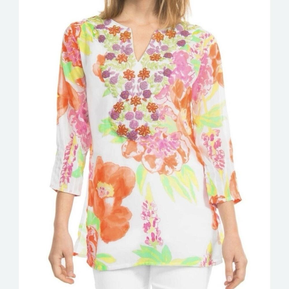 Gretchen Scott Georgette Hand Embroidered Tunic Top Peony Paradise Size M